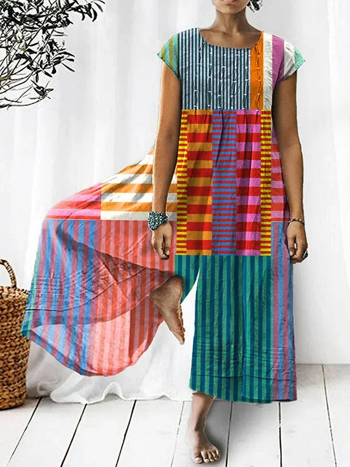 Zara | Vibrant Patchwork Wide-Leg Jumpsuit with Short Sleeves and Round Neck