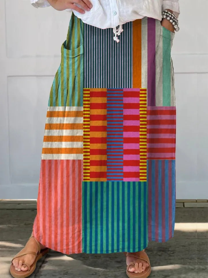 Emma | Vibrant Patchwork Maxi Skirt with Drawstring Waist and Side Pockets