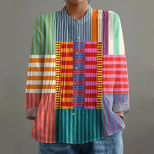 Iris | Vibrant Patchwork Button-Down Collarless Blouse with Long Sleeves