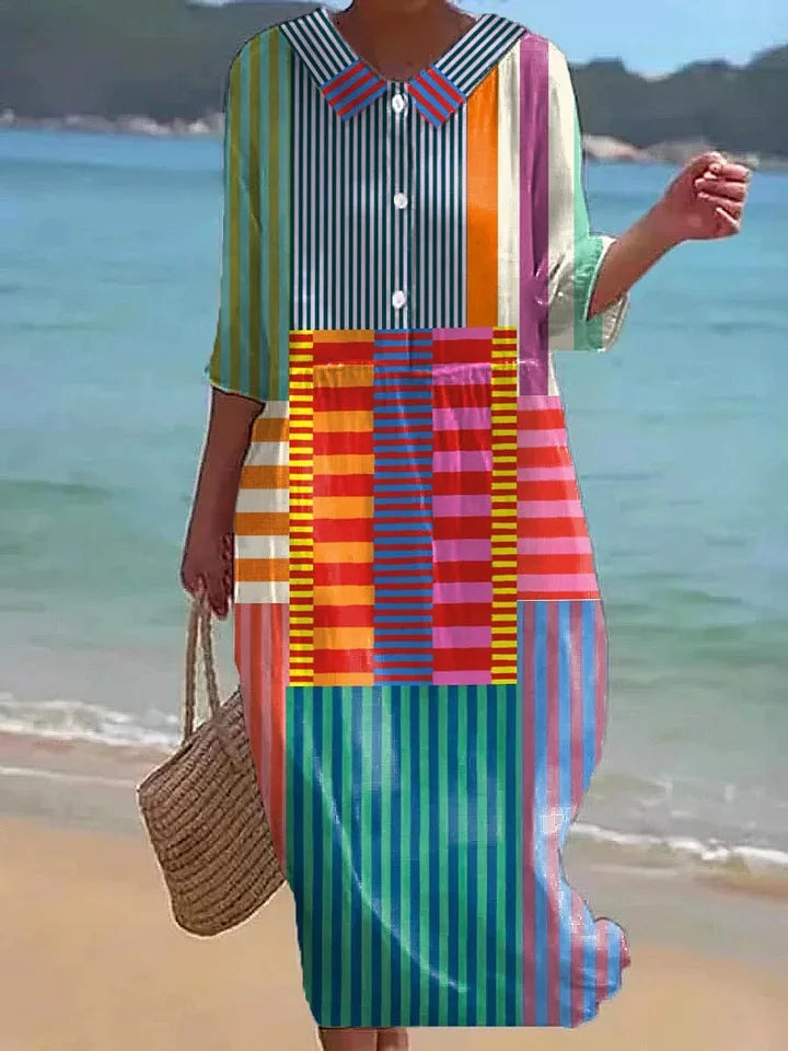 Mabel | Vibrant Patchwork Button-Down Midi Dress with Peter Pan Collar and Three-Quarter Sleeves