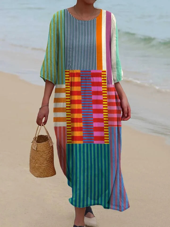 Chloe | Vibrant Patchwork Midi Dress with 3/4 Sleeves