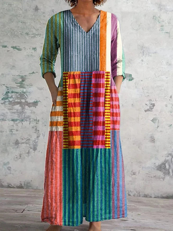 Elizabeth | Vibrant Patchwork V-Neck Midi Dress with Side Pockets and Three-Quarter Sleeves