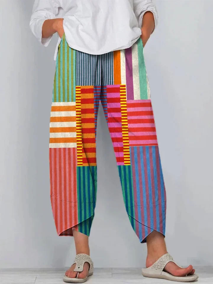 Orla | Vibrant Patchwork Cropped Pants with Drawstring Waist, Tulip Hem, and Side Pockets