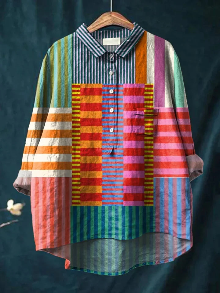 Esme | Vibrant Patchwork Long-Sleeve Blouse with Chest Pocket