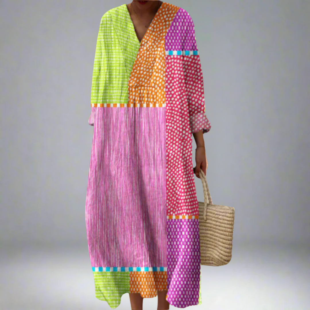 Zélie | Multicolour patchwork dress with polka dots and stripes