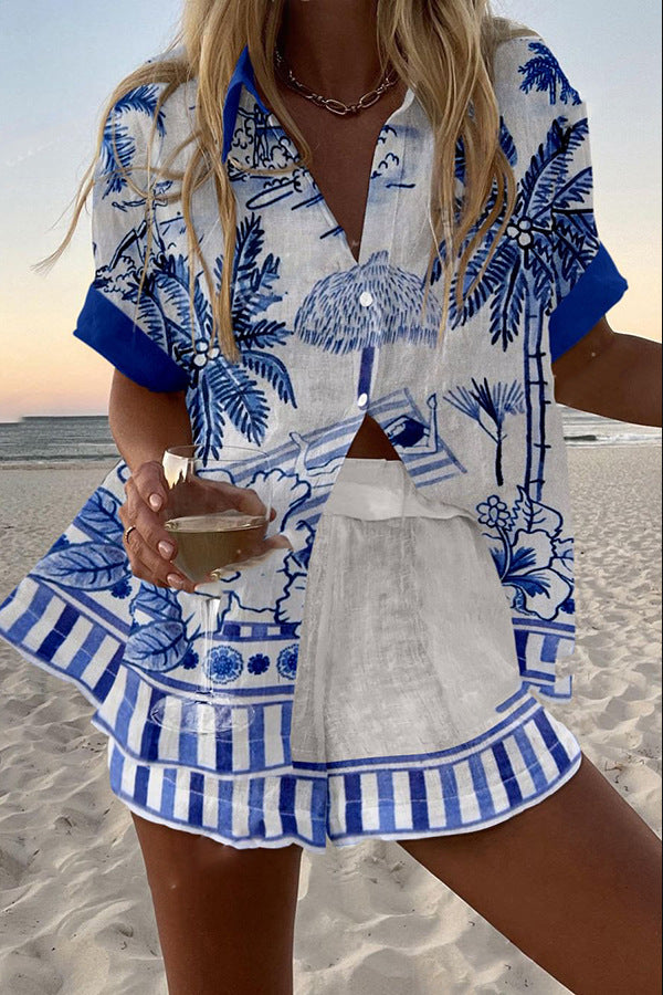 Zanika™ | Short linen outfit with palm print