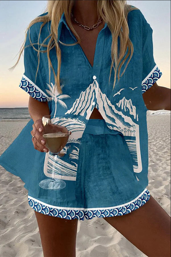 Virina™ | Short linen outfit with Mount Fuji print