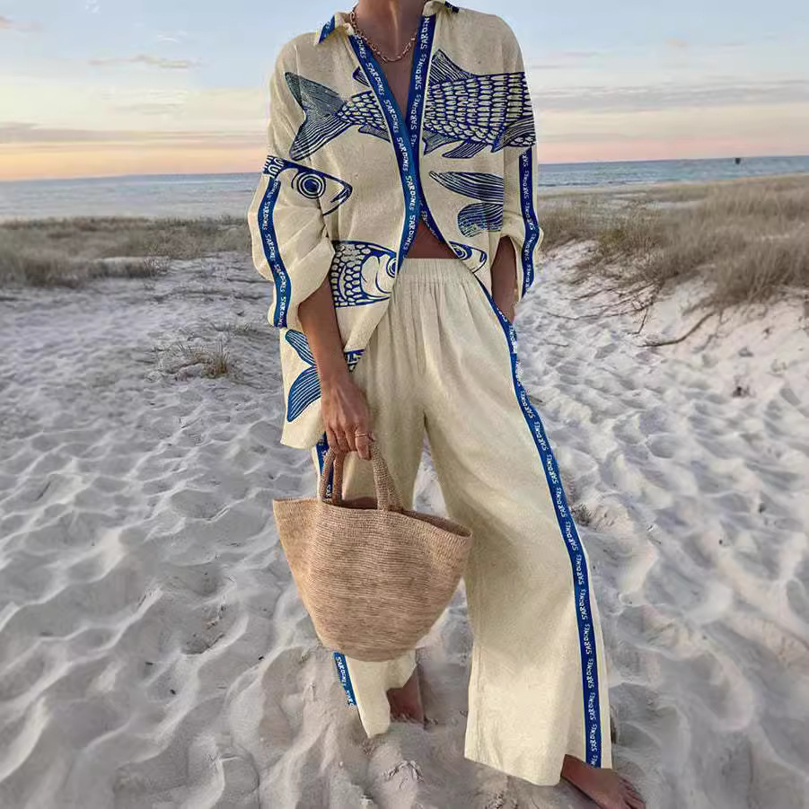 Yazette™ | Linen set with blue fish print