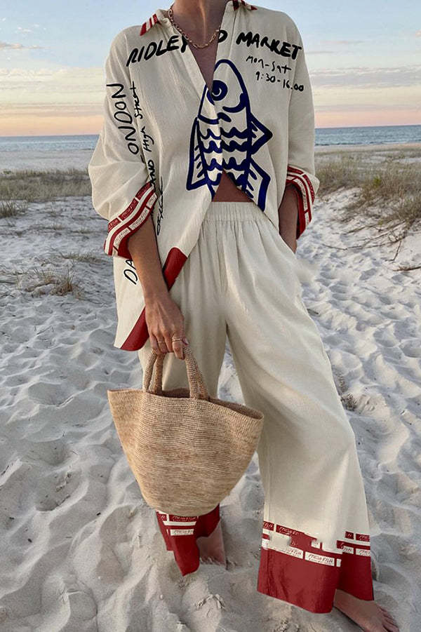 Rounelle™ | Linen outfit with blue fish print