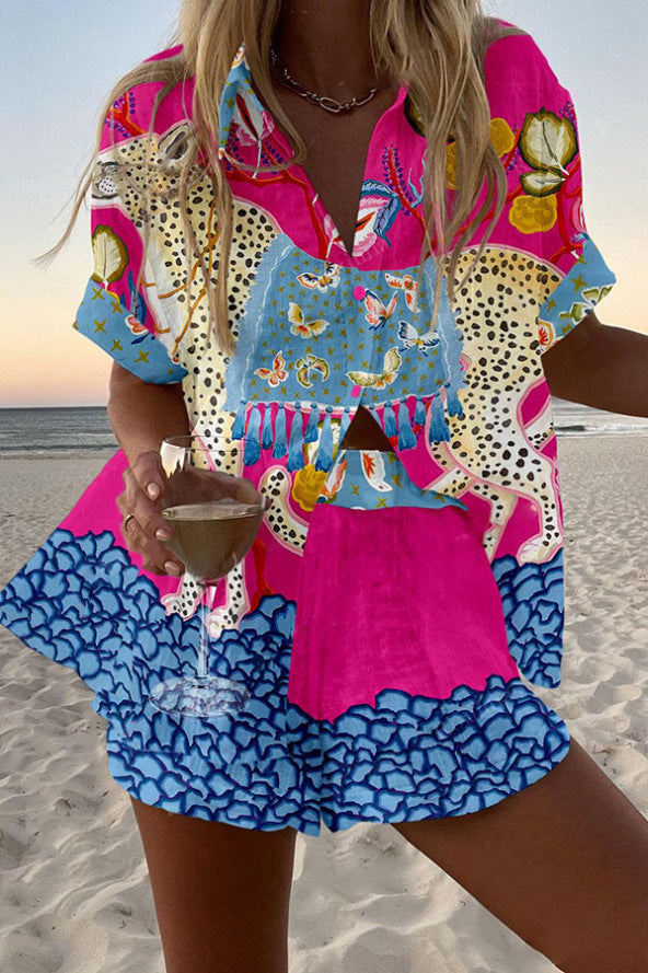 Belina™ | Short linen outfit with butterfly print