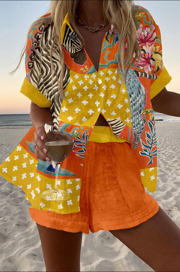 Norellia™ | Short linen outfit with polka dot print