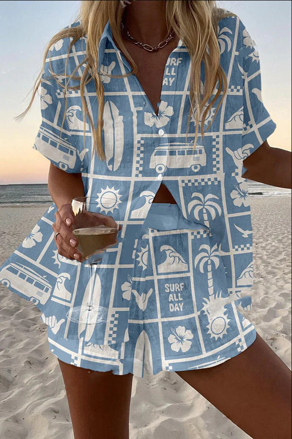 Trenara | Short linen outfit with Caravan print
