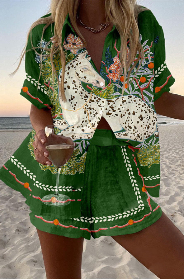 Cephira™ | Short linen outfit with horse print