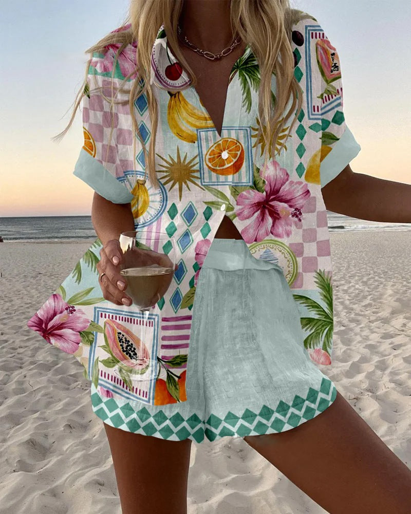 Maevin™ | Short linen outfit with fruit print