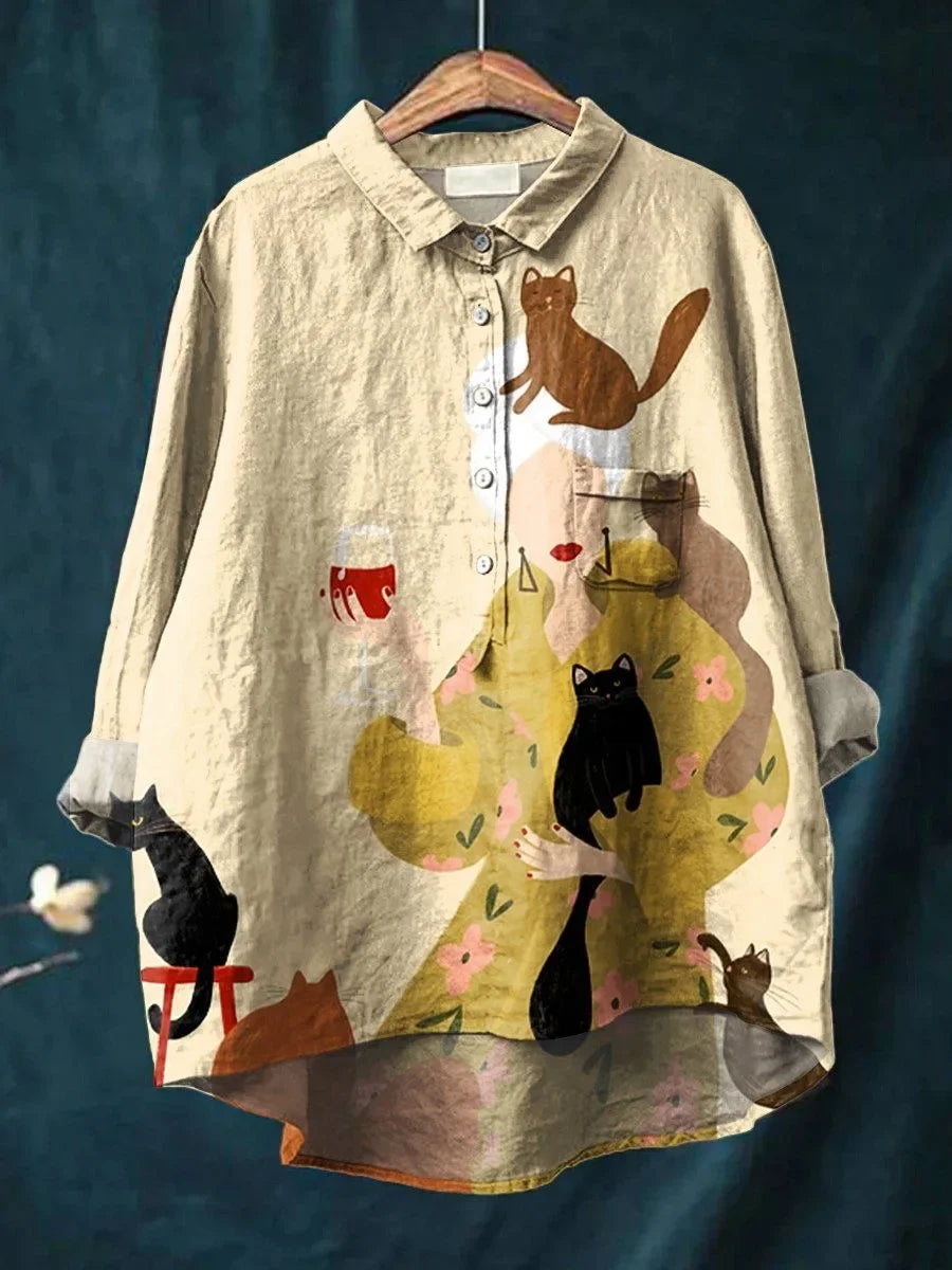 Sofia | Blouse with cat and floral print
