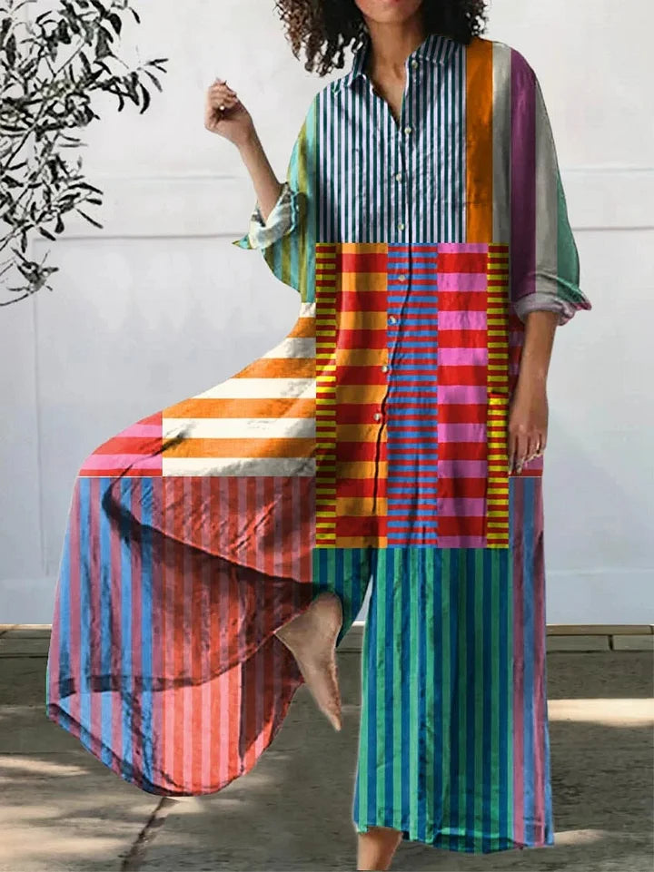Scarlett | Vibrant Patchwork Button-Down Wide-Leg Jumpsuit with Long Sleeves
