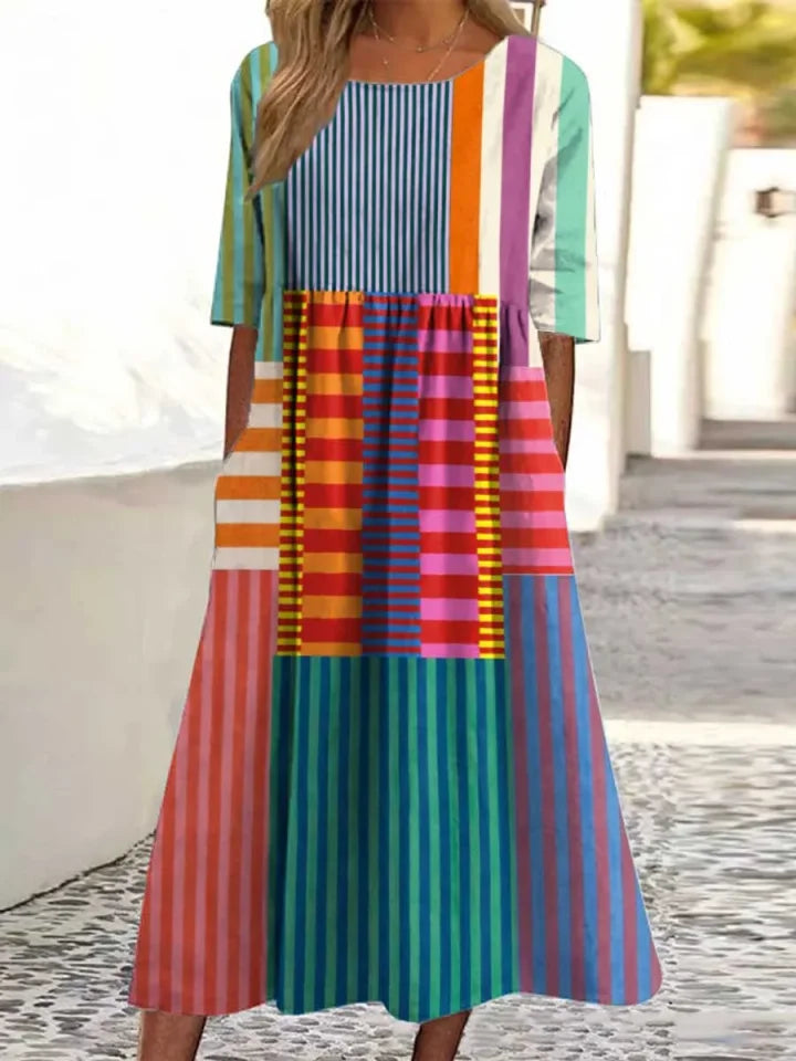Erin | Vibrant Patchwork Midi Dress with 3/4 Sleeves and Side Pockets