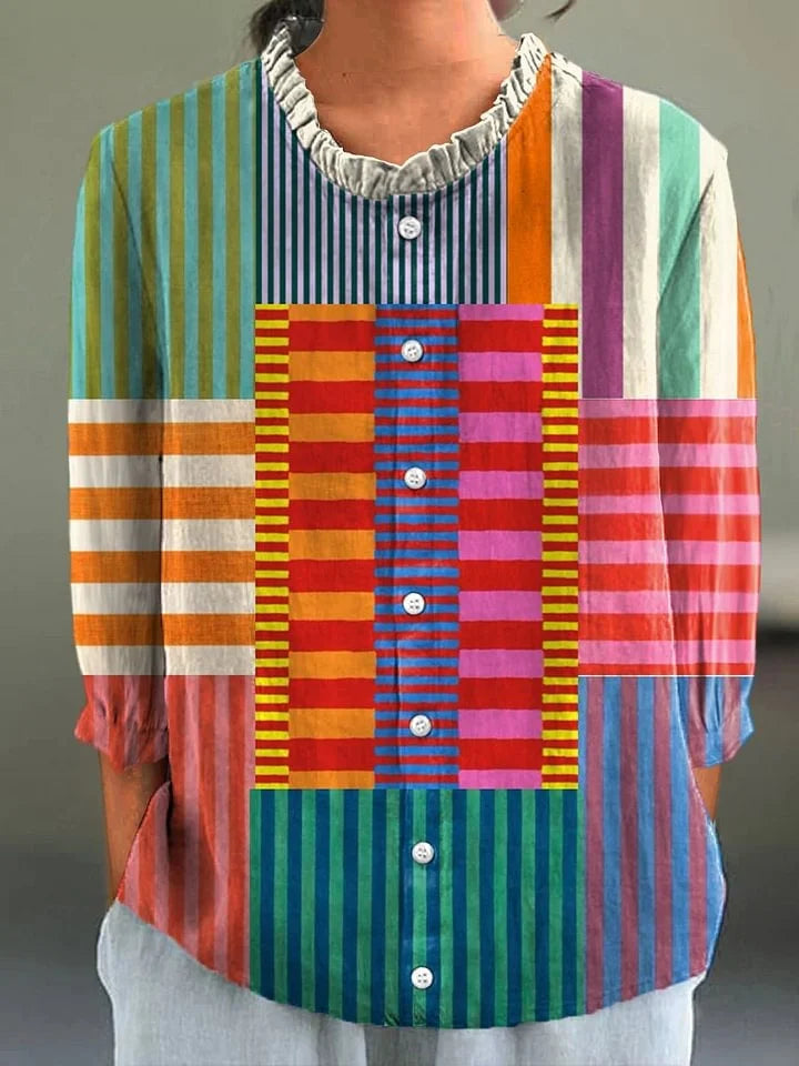 Robyn | Vibrant Patchwork Button-Down Blouse with Ruffled Collar and Three-Quarter Sleeves