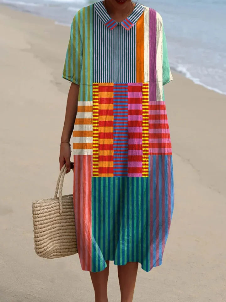 Nancy | Vibrant Patchwork Midi Dress with Peter Pan Collar and Short Sleeves