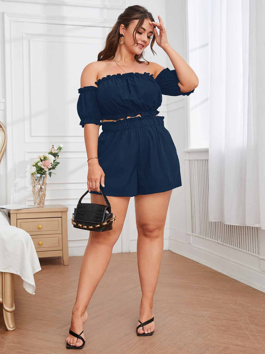 Women’s Ruffle Bardot Blouse & Short Set