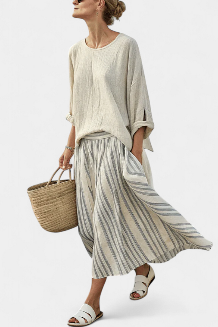 Daisy casual outfit with oversized blouse and striped bamboo linen midi skirt for an elegant, comfortable style