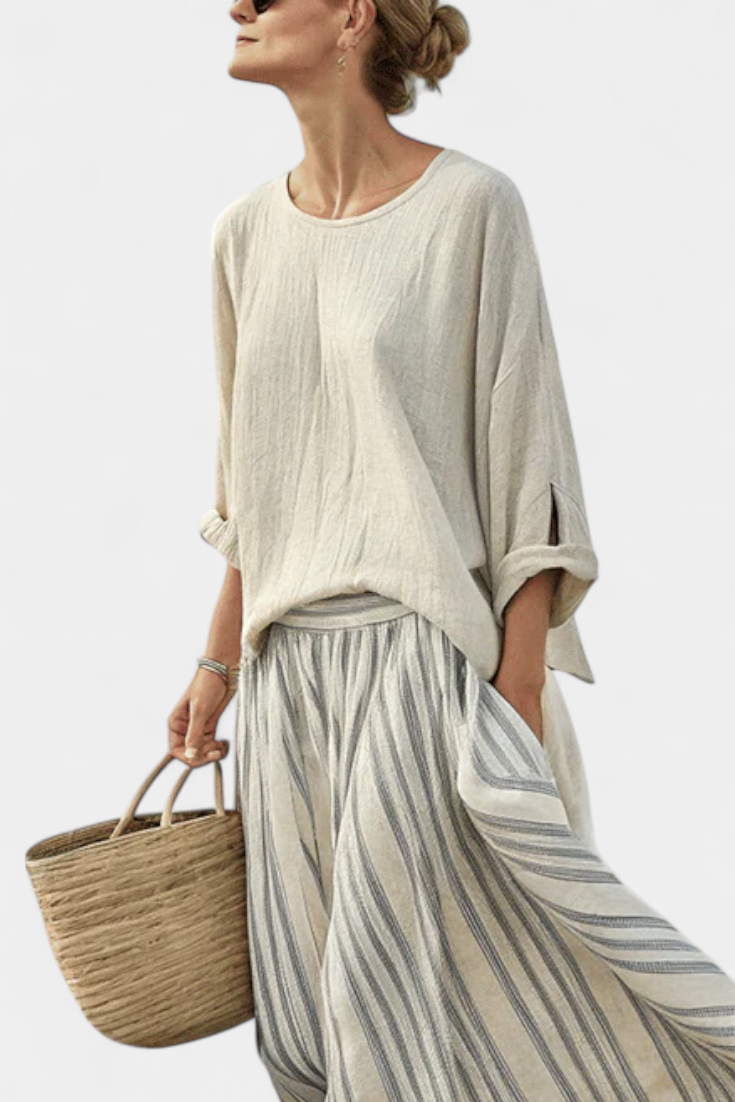 Daisy casual outfit with oversized blouse and striped bamboo linen midi skirt for an elegant, comfortable style