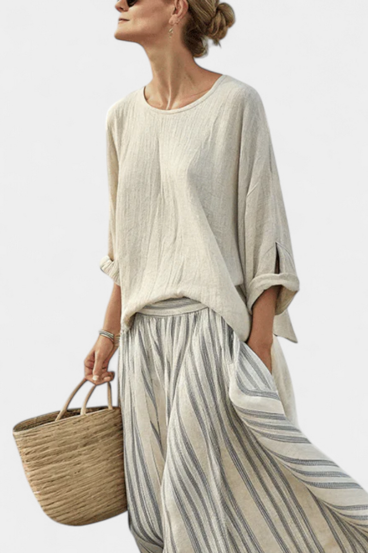 Daisy casual outfit with oversized blouse and striped bamboo linen midi skirt for an elegant, comfortable style
