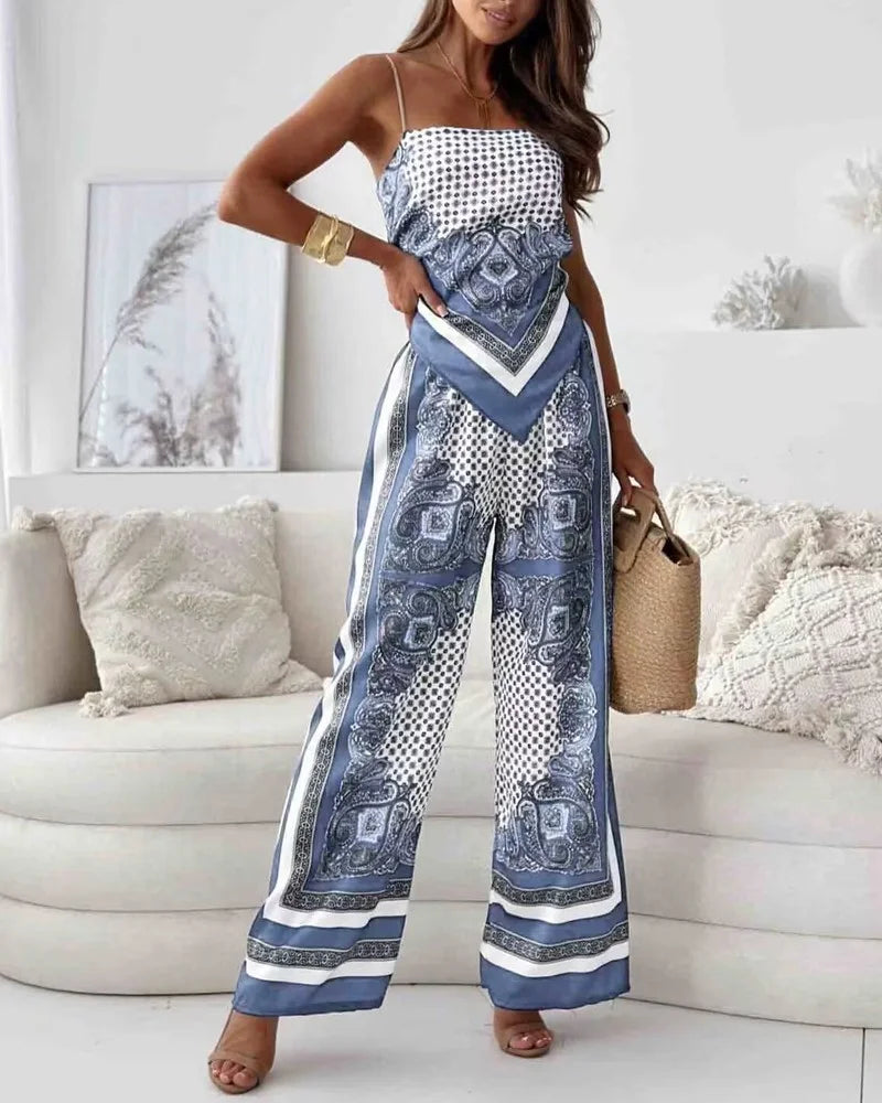 Alya | Elegant two-piece set with waistcoat and lace-up printed trousers