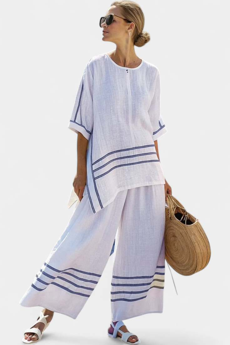 Wide-leg striped trousers with irregular cut – modern, comfortable style