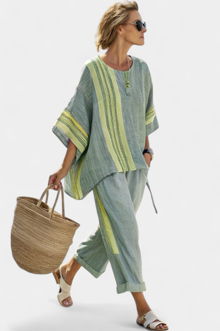 Bamboo linen set with charming lavender and yellow stripe details