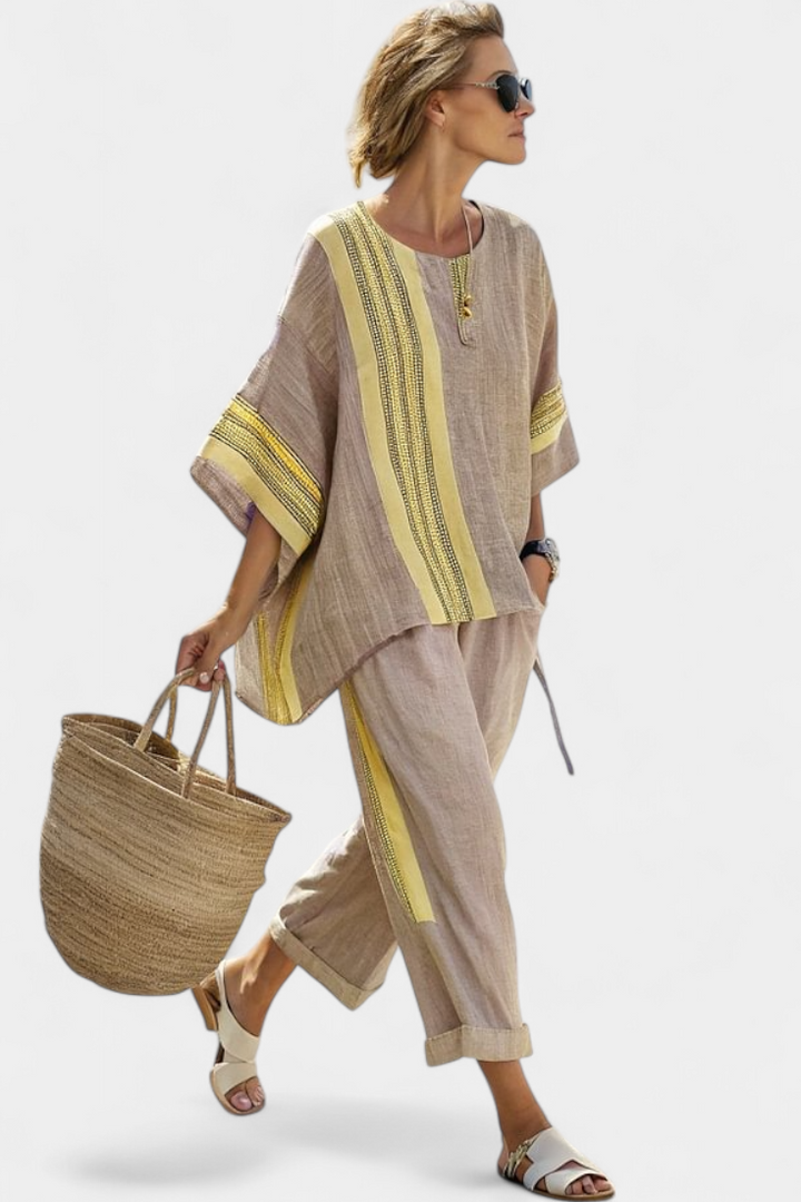 Bamboo linen set with charming lavender and yellow stripe details