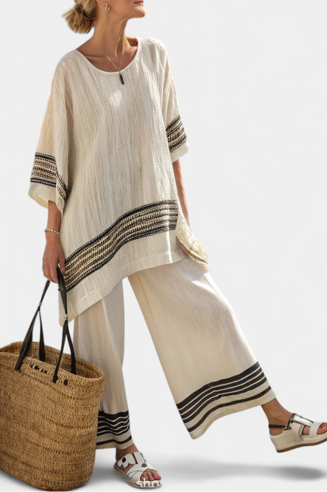 Daisy Mediterranean bamboo linen outfit with elegant red and green stripes