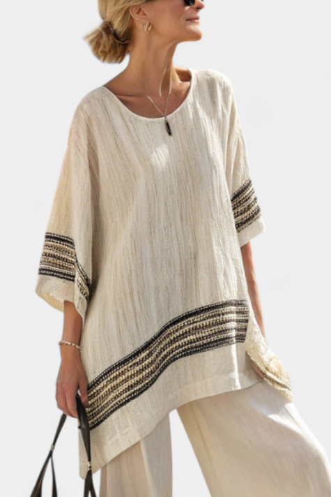 Daisy Mediterranean bamboo linen outfit with elegant red and green stripes
