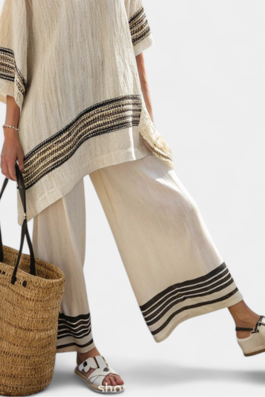 Daisy Mediterranean bamboo linen outfit with elegant red and green stripes
