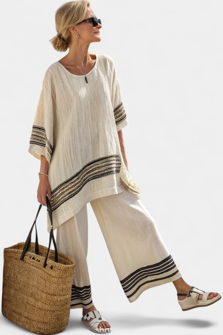 Daisy Mediterranean bamboo linen outfit with elegant red and green stripes