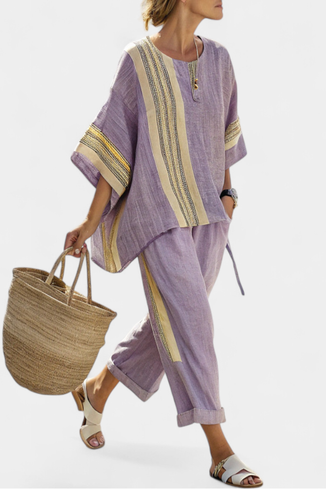 Bamboo linen set with charming lavender and yellow stripe details