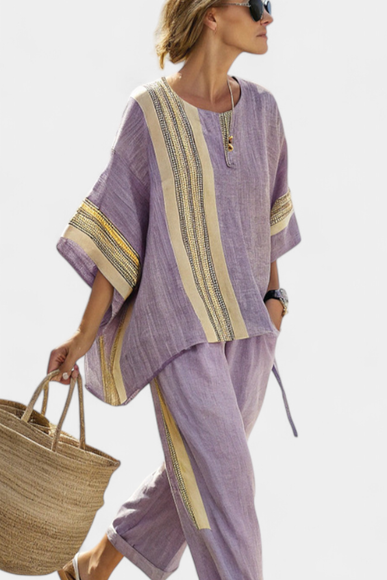 Bamboo linen set with charming lavender and yellow stripe details