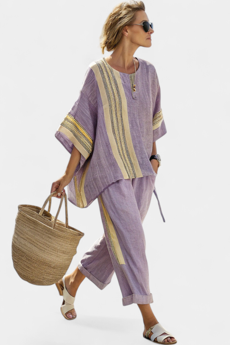 Bamboo linen set with charming lavender and yellow stripe details