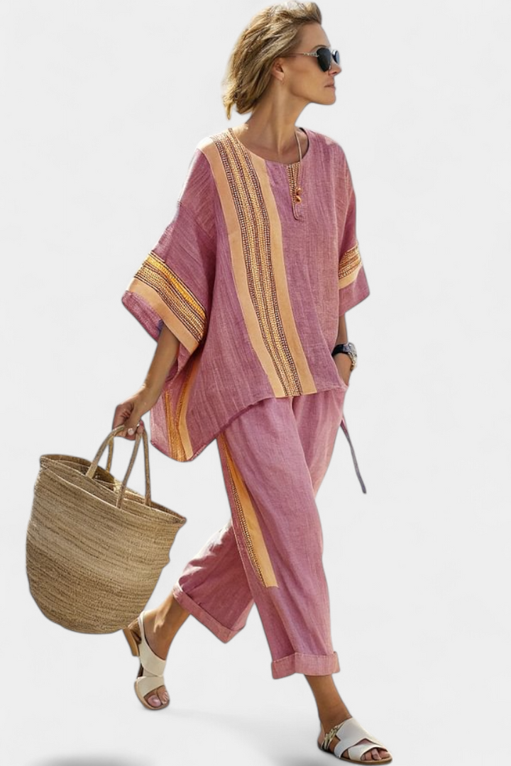 Bamboo linen set with charming lavender and yellow stripe details