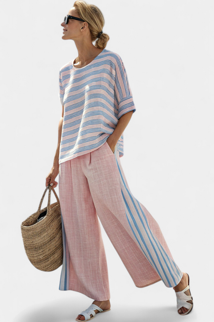 Daisy Mediterranean bamboo linen set in delicate pastel pink with elegant blue stripes