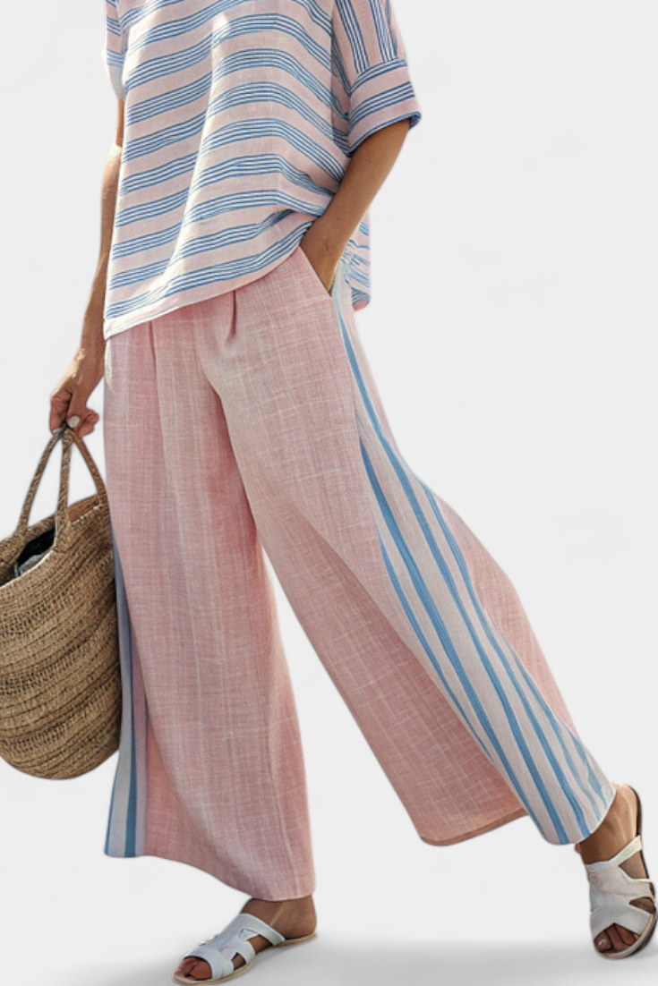 Daisy Mediterranean bamboo linen set in delicate pastel pink with elegant blue stripes