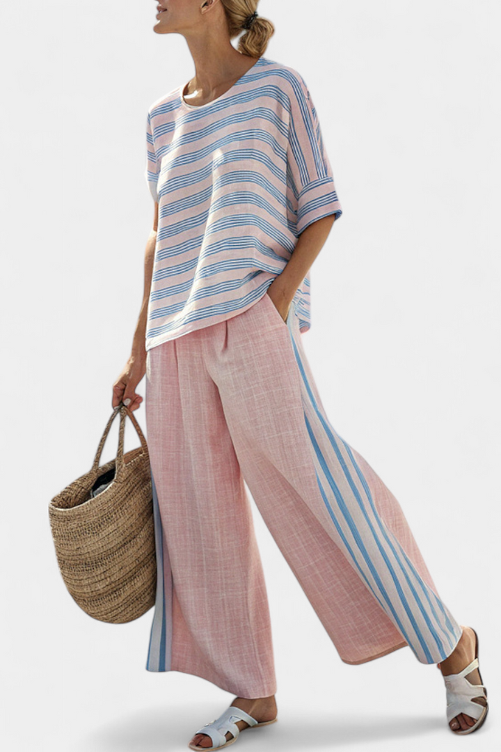 Daisy Mediterranean bamboo linen set in delicate pastel pink with elegant blue stripes