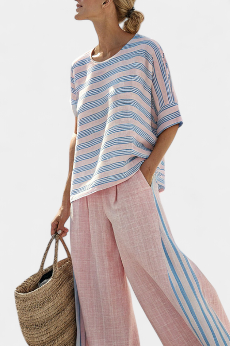 Daisy Mediterranean bamboo linen set in delicate pastel pink with elegant blue stripes
