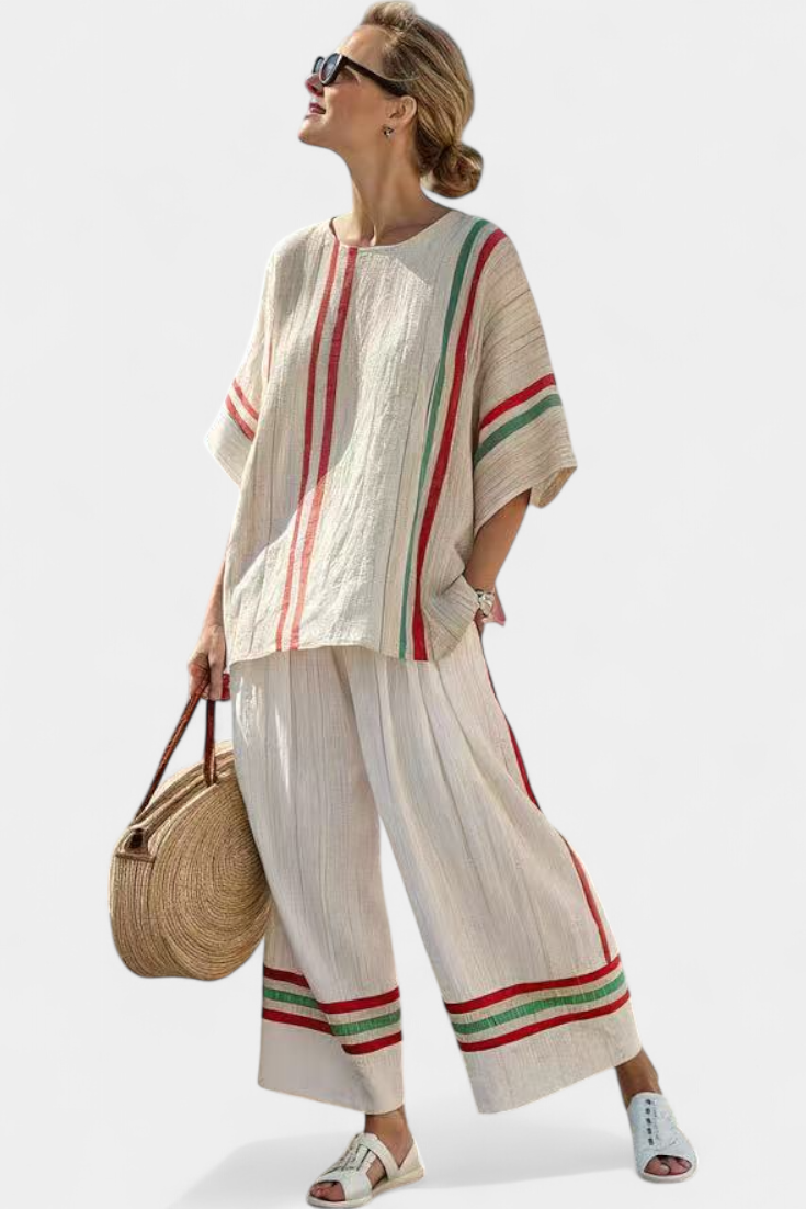 Daisy Mediterranean bamboo linen outfit with elegant red and green stripes