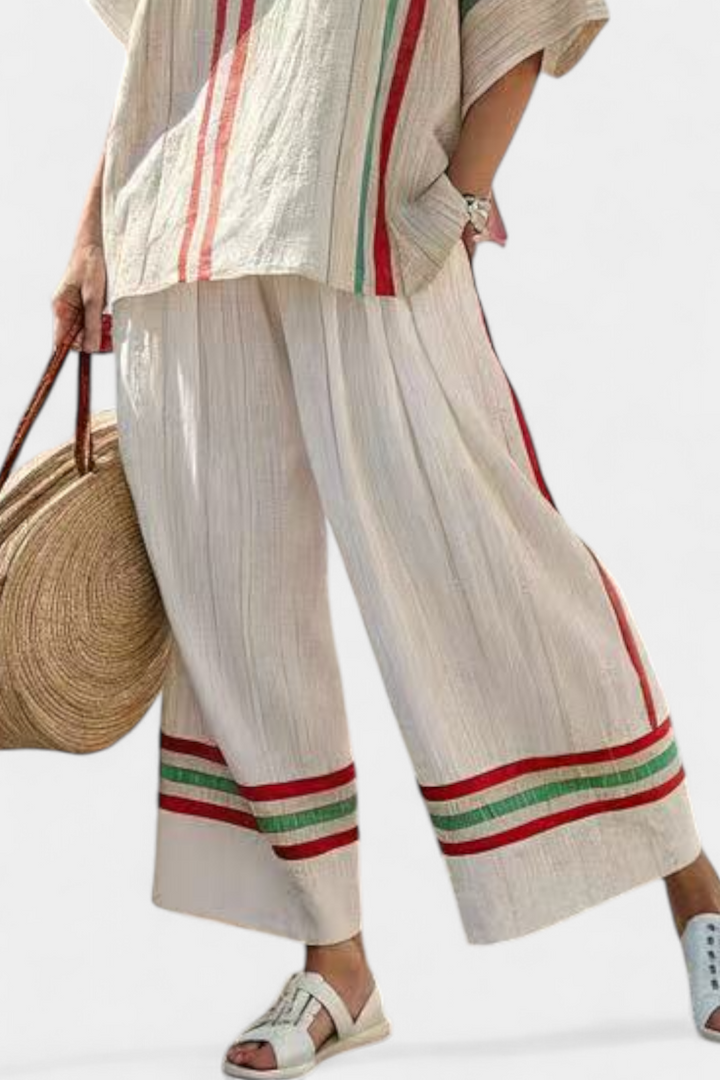 Daisy Mediterranean bamboo linen outfit with elegant red and green stripes