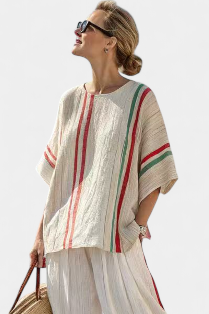 Daisy Mediterranean bamboo linen outfit with elegant red and green stripes