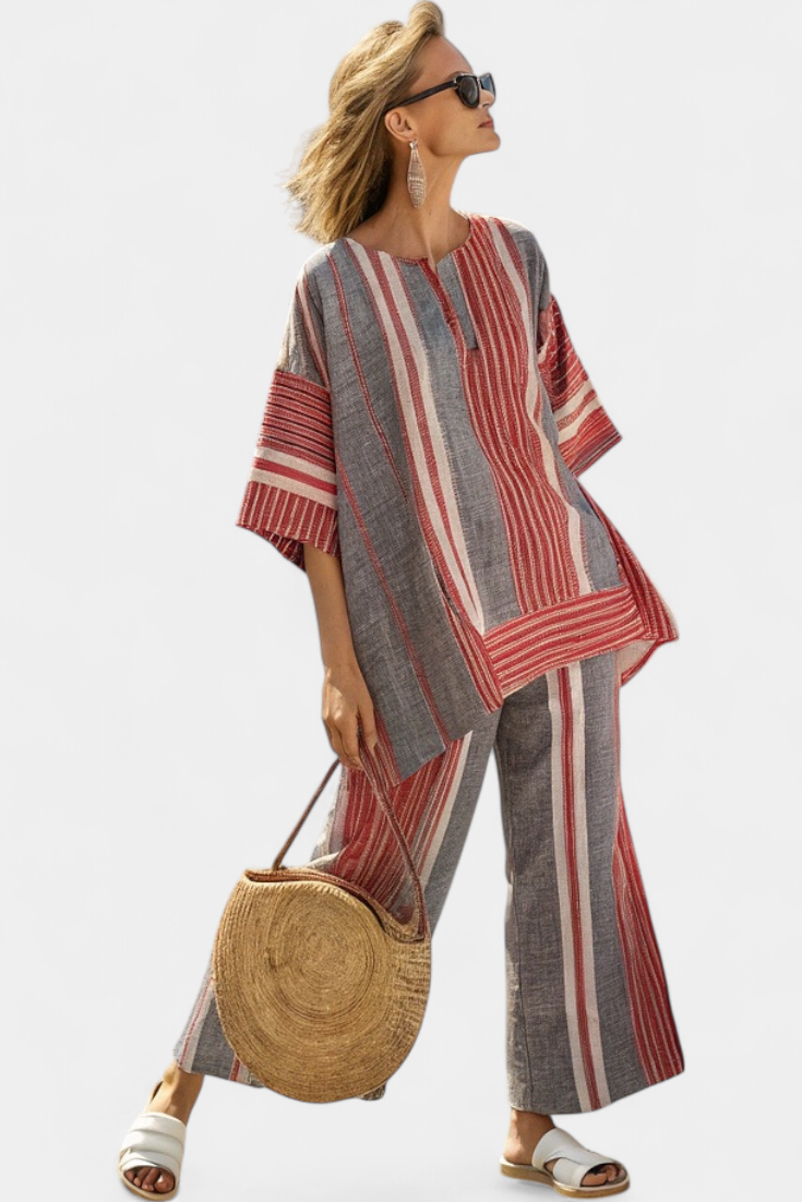 Daisy oversized linen outfit with coral red and grey striped skirt, modern and comfortable style