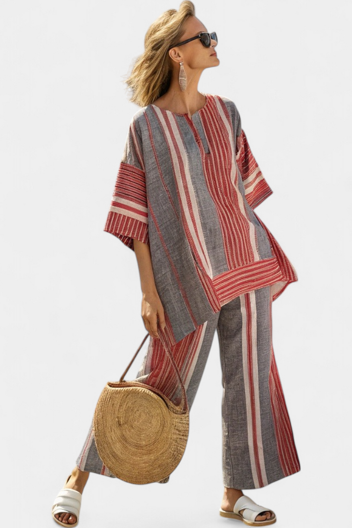 Daisy oversized linen outfit with coral red and grey striped skirt, modern and comfortable style