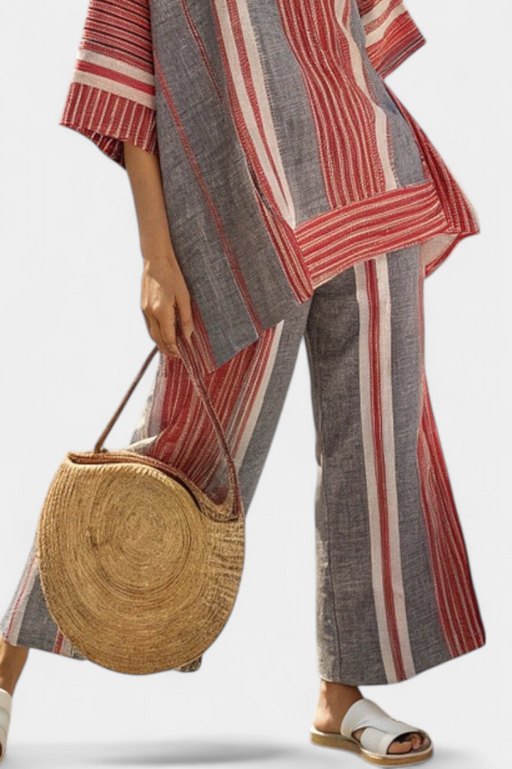 Daisy oversized linen outfit with coral red and grey striped skirt, modern and comfortable style