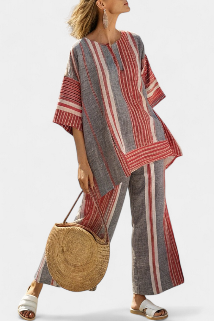 Daisy oversized linen outfit with coral red and grey striped skirt, modern and comfortable style